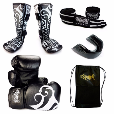 Kit- Muaythai Spank Preto (luva, Caneleira, Bandagem, Bucal) com envio rápido - JD Atacado